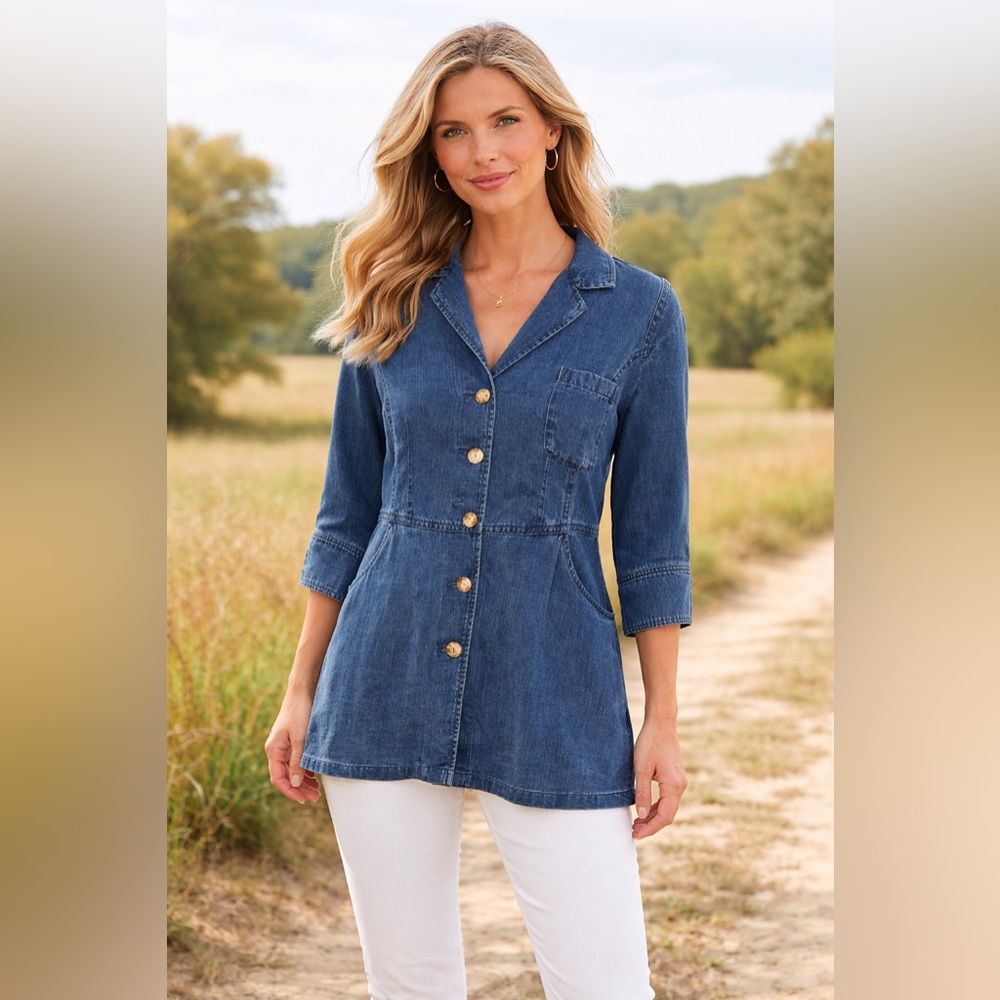 Soft Surroundings Denim Tencel Jacket Shirt Button Front Blue P S Petite Country